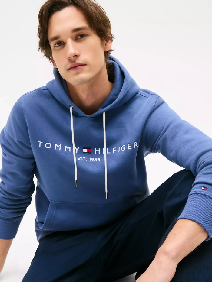 Embroidered Tommy Logo Blue Hoodie