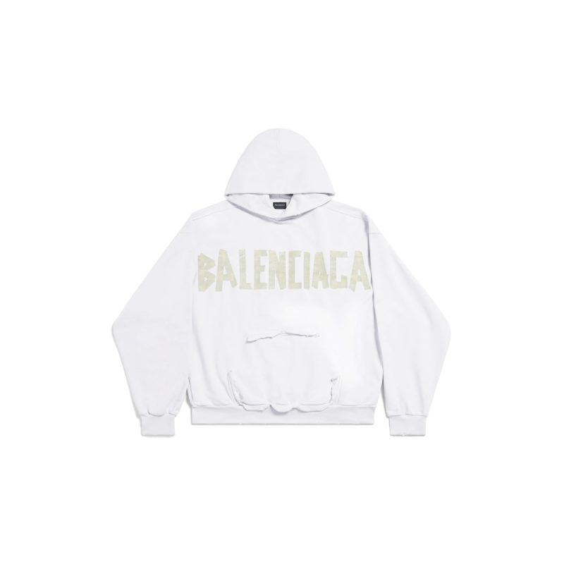 Tape Type Ripped Pocket Hoodie Large Fit in White